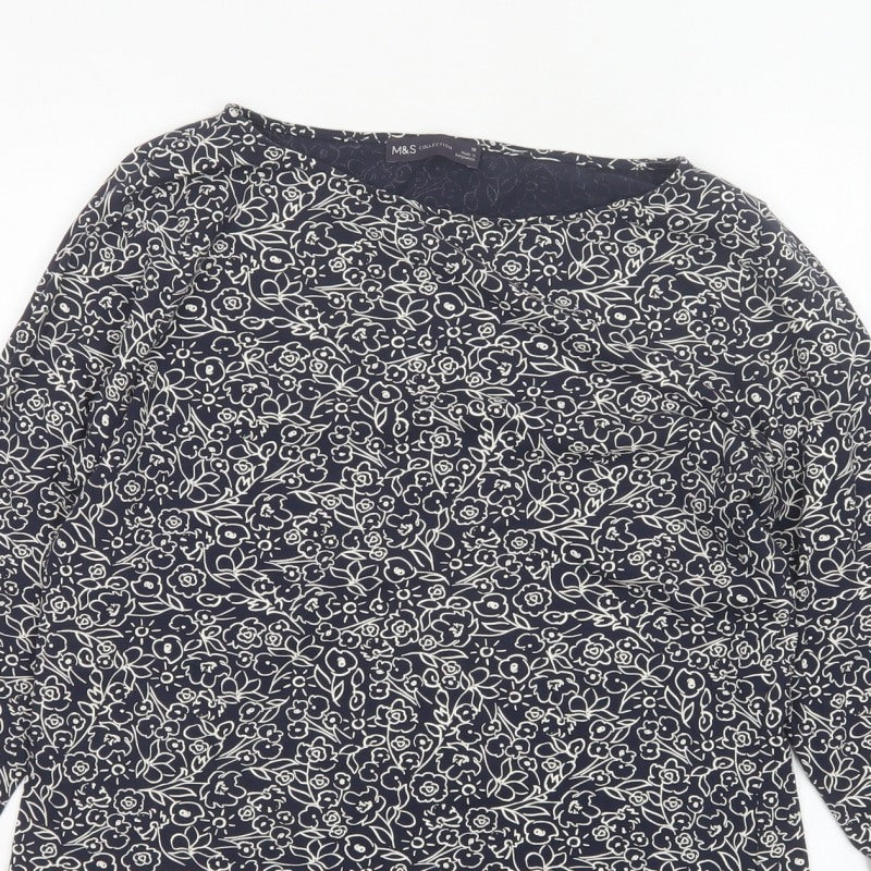 Marks and Spencer Women Blue Floral 18 3/4 Sleeve Round Neck Blouse