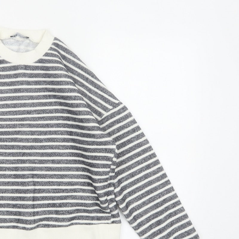 Zara Women Grey Ivory Striped Crew Neck Long Sleeve Basic Top Size S