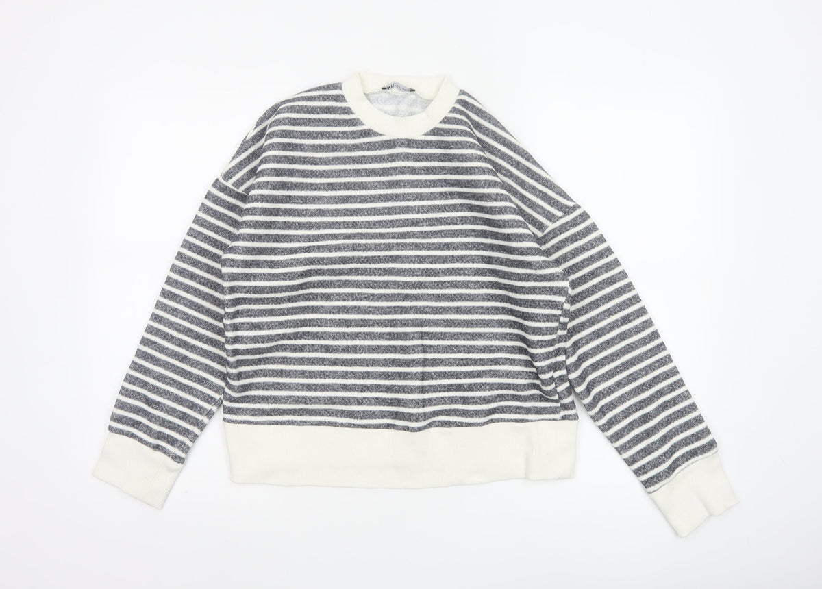 Zara Women Grey Ivory Striped Crew Neck Long Sleeve Basic Top Size S