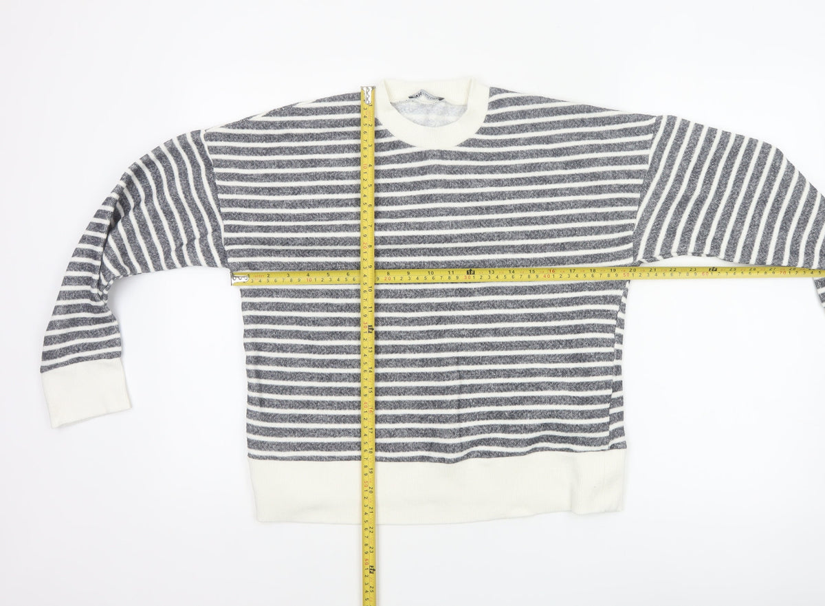 Zara Women Grey Ivory Striped Crew Neck Long Sleeve Basic Top Size S
