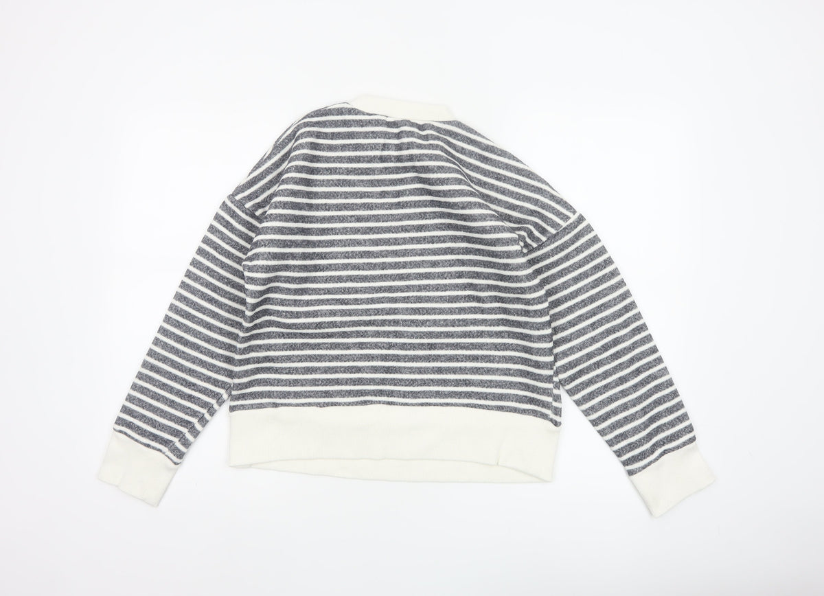 Zara Women Grey Ivory Striped Crew Neck Long Sleeve Basic Top Size S