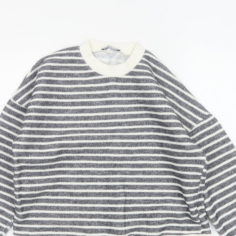 Zara Women Grey Ivory Striped Crew Neck Long Sleeve Basic Top Size S