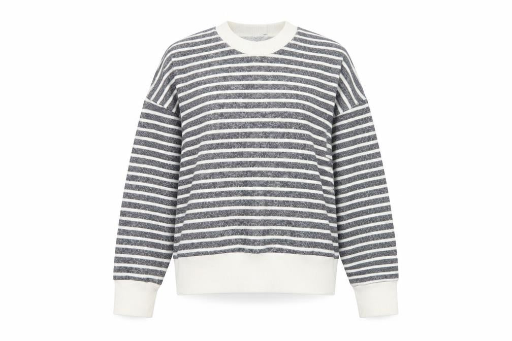Zara Women Grey Ivory Striped Crew Neck Long Sleeve Basic Top Size S