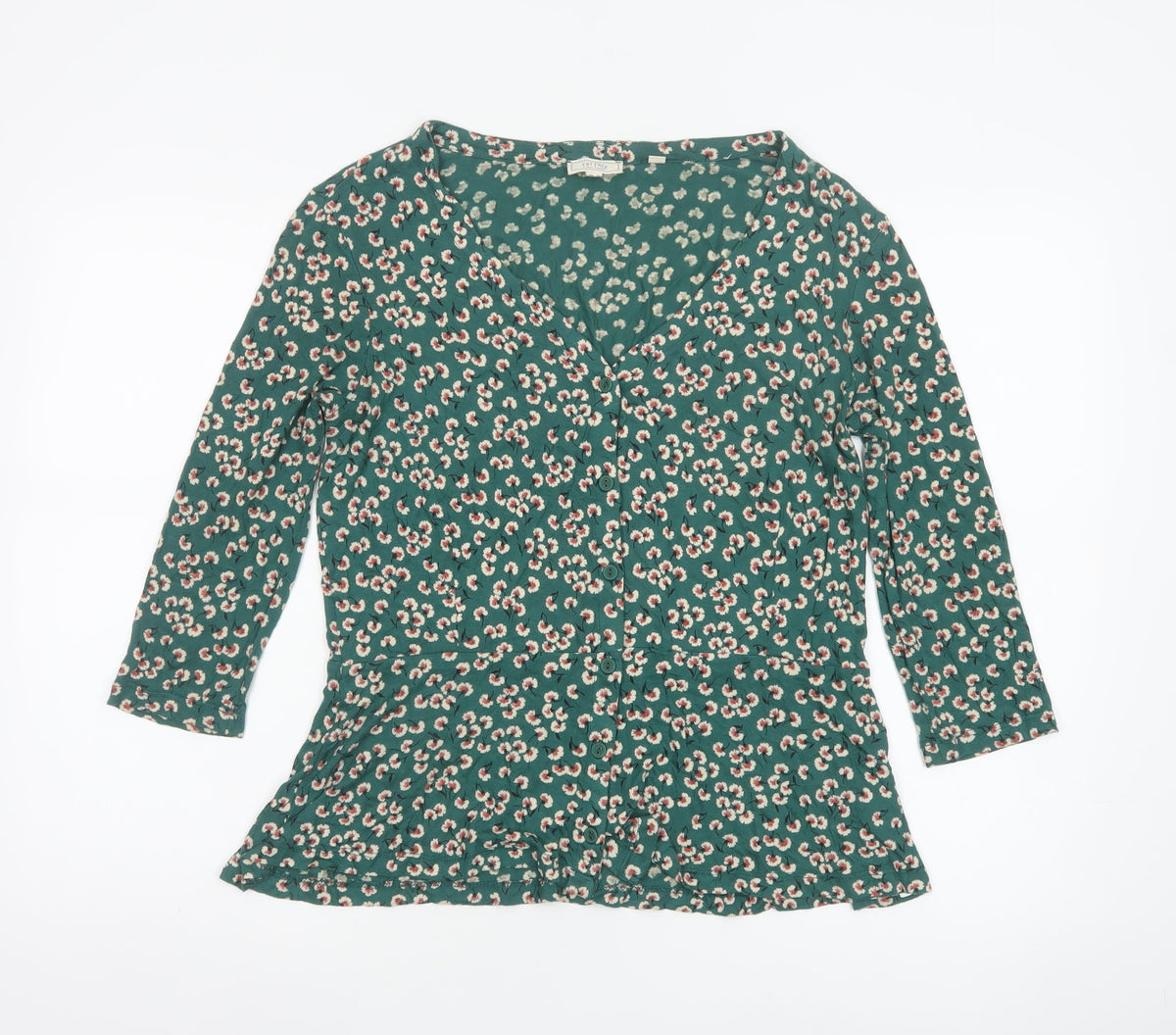 Fat Face Women’s Green Floral V-Neck Ruffle Blouse UK 10