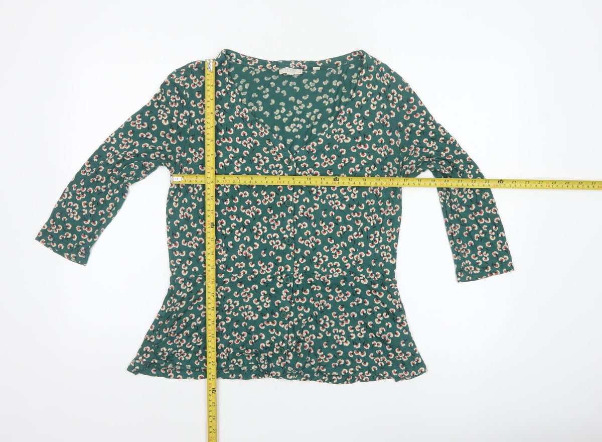 Fat Face Women’s Green Floral V-Neck Ruffle Blouse UK 10