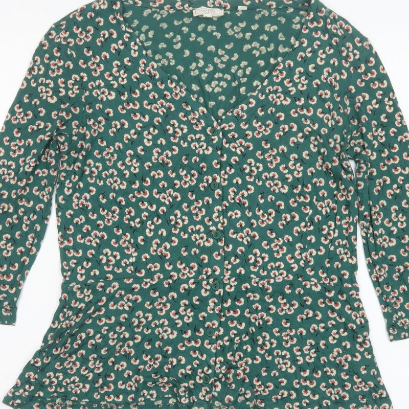 Fat Face Women’s Green Floral V-Neck Ruffle Blouse UK 10