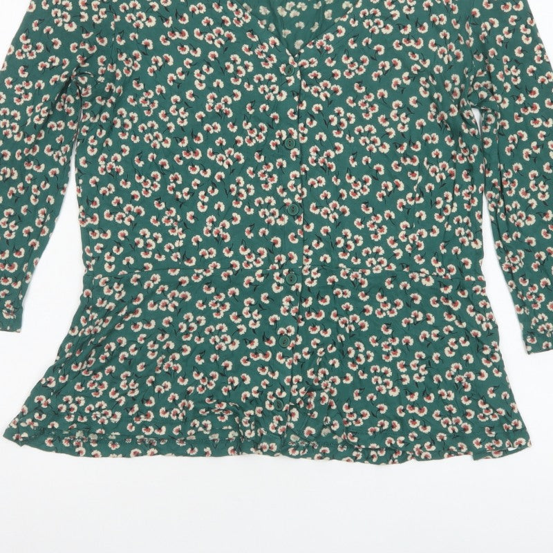 Fat Face Women’s Green Floral V-Neck Ruffle Blouse UK 10