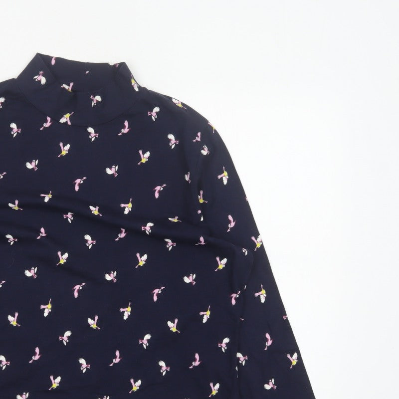 M&S Women Blue Size 20 Bird Print Jersey Mock Neck Long Sleeve Top