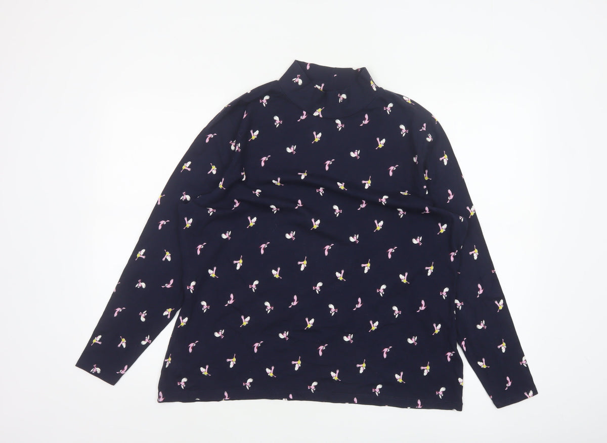 M&S Women Blue Size 20 Bird Print Jersey Mock Neck Long Sleeve Top