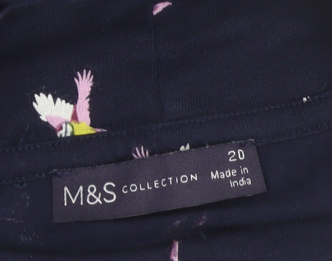 M&S Women Blue Size 20 Bird Print Jersey Mock Neck Long Sleeve Top