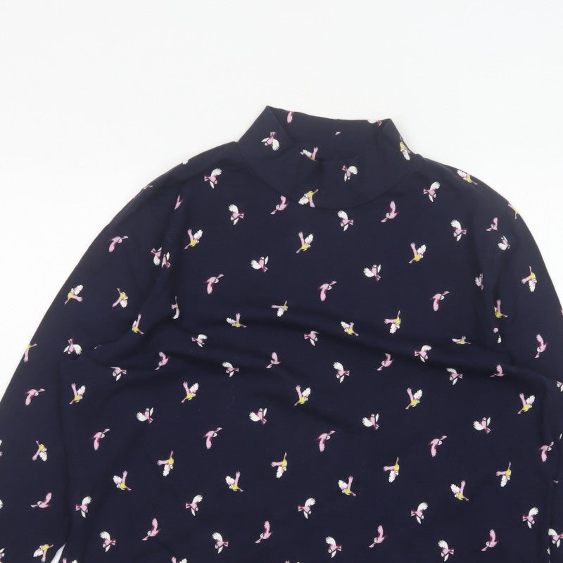 M&S Women Blue Size 20 Bird Print Jersey Mock Neck Long Sleeve Top