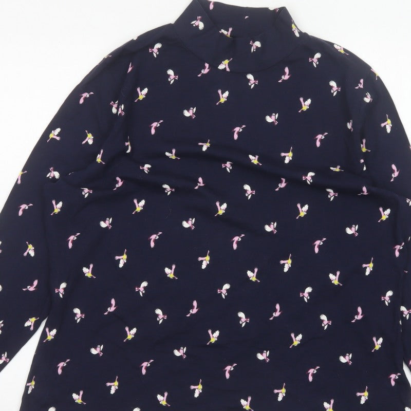 M&S Women Blue Size 20 Bird Print Jersey Mock Neck Long Sleeve Top