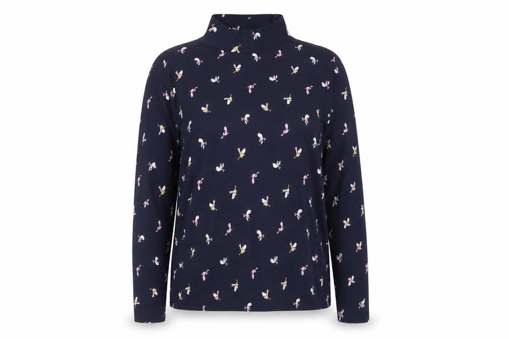 M&S Women Blue Size 20 Bird Print Jersey Mock Neck Long Sleeve Top