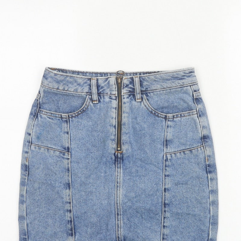 New Look 915 Girls Blue Age 12 Denim Pencil Mini Skirt Zip Pockets