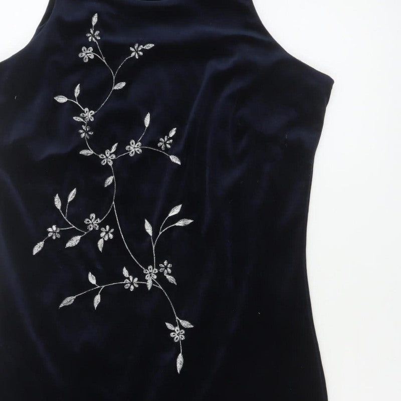 Monsoon Women Blue UK 12 Velvet Sheath Midi Floral Embroidered Dress