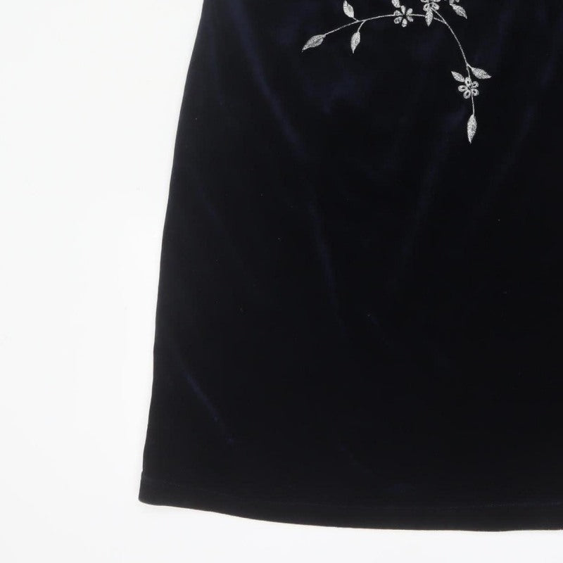 Monsoon Women Blue UK 12 Velvet Sheath Midi Floral Embroidered Dress
