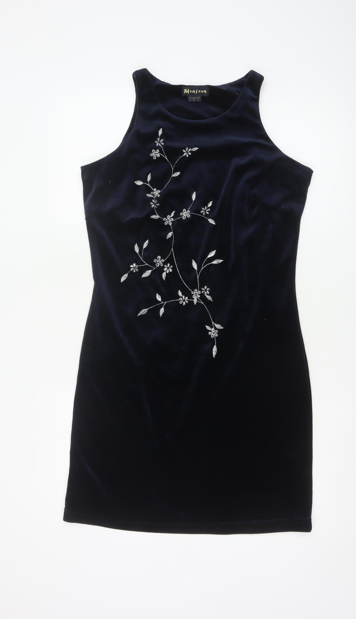 Monsoon Women Blue UK 12 Velvet Sheath Midi Floral Embroidered Dress