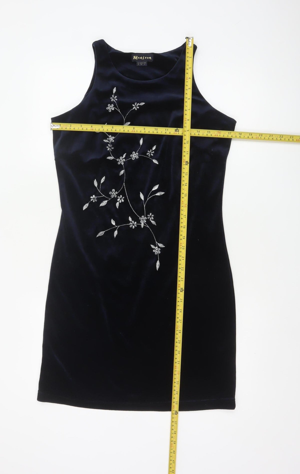 Monsoon Women Blue UK 12 Velvet Sheath Midi Floral Embroidered Dress