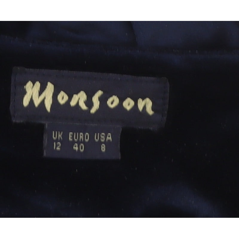 Monsoon Women Blue UK 12 Velvet Sheath Midi Floral Embroidered Dress