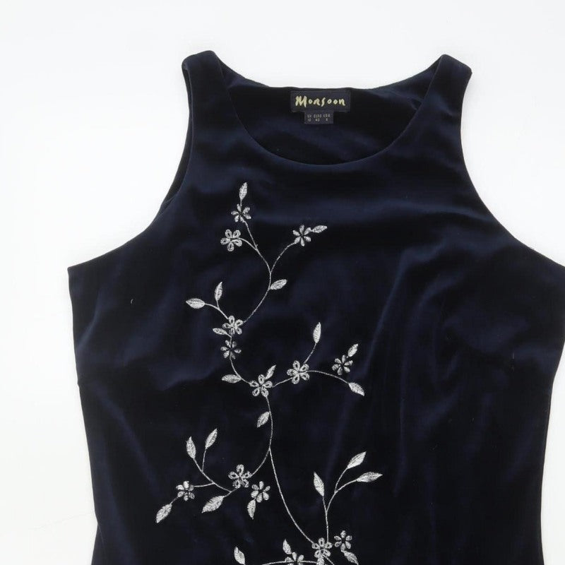 Monsoon Women Blue UK 12 Velvet Sheath Midi Floral Embroidered Dress