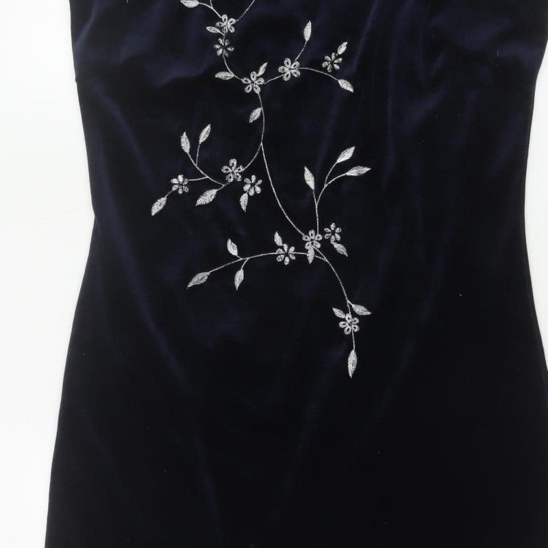 Monsoon Women Blue UK 12 Velvet Sheath Midi Floral Embroidered Dress