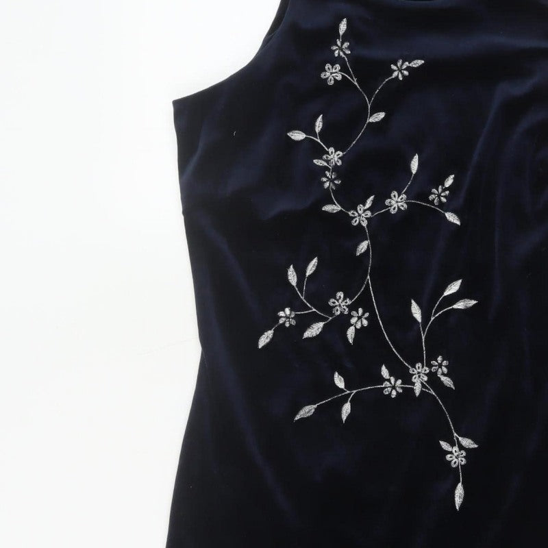 Monsoon Women Blue UK 12 Velvet Sheath Midi Floral Embroidered Dress