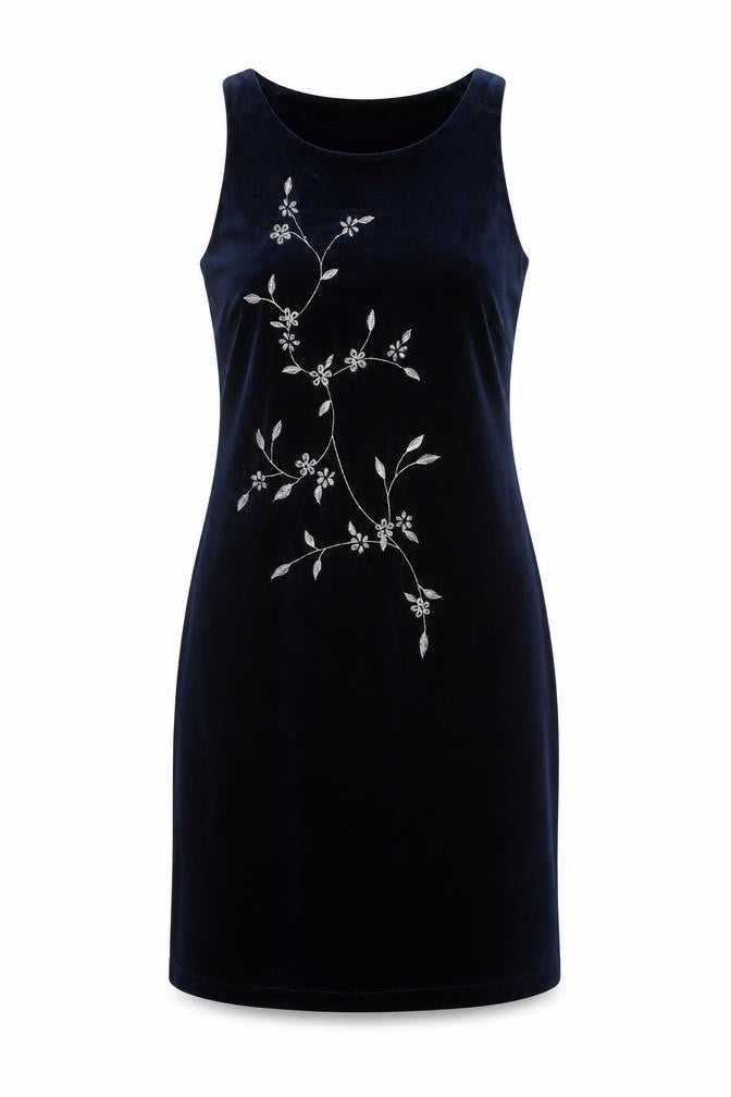 Monsoon Women Blue UK 12 Velvet Sheath Midi Floral Embroidered Dress