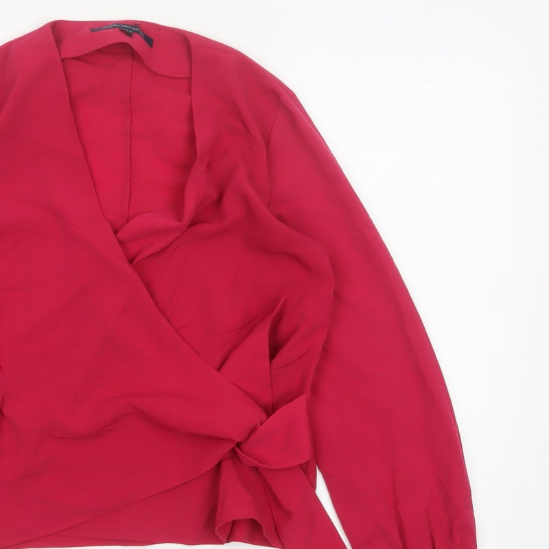 French Connection Women Red UK 10 Wrap V-Neck Balloon Sleeve Blouse