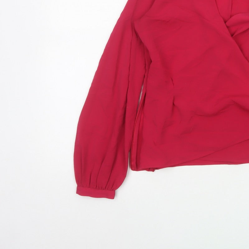 French Connection Women Red UK 10 Wrap V-Neck Balloon Sleeve Blouse