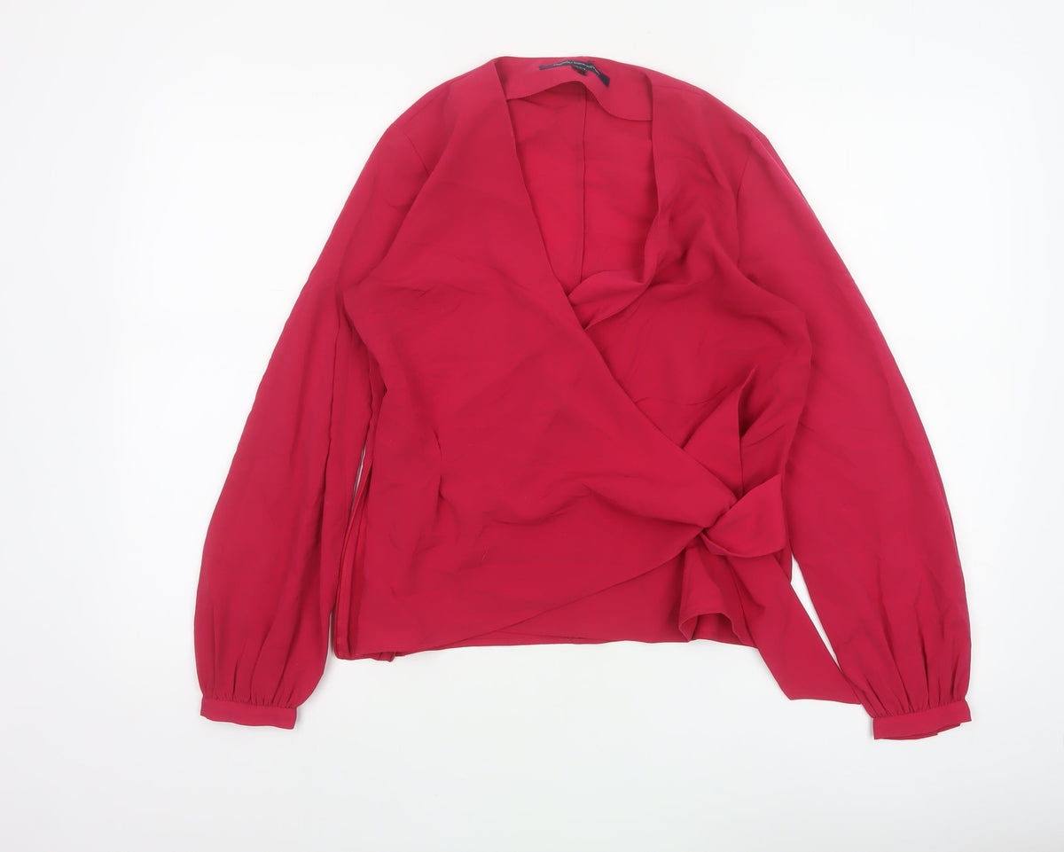 French Connection Women Red UK 10 Wrap V-Neck Balloon Sleeve Blouse
