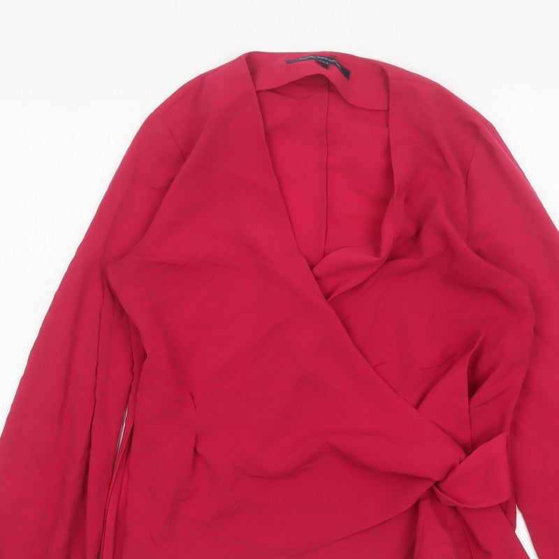 French Connection Women Red UK 10 Wrap V-Neck Balloon Sleeve Blouse