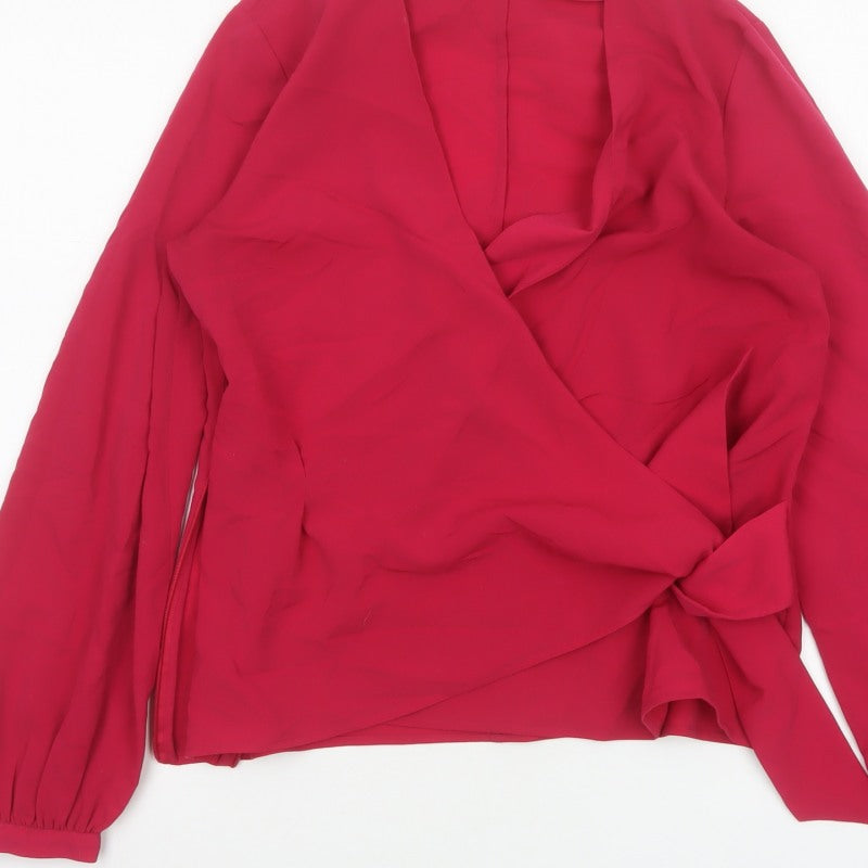 French Connection Women Red UK 10 Wrap V-Neck Balloon Sleeve Blouse