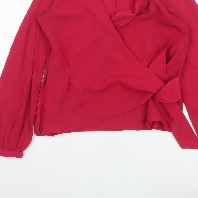 French Connection Women Red UK 10 Wrap V-Neck Balloon Sleeve Blouse