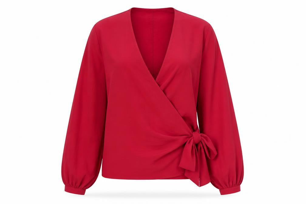 French Connection Women Red UK 10 Wrap V-Neck Balloon Sleeve Blouse