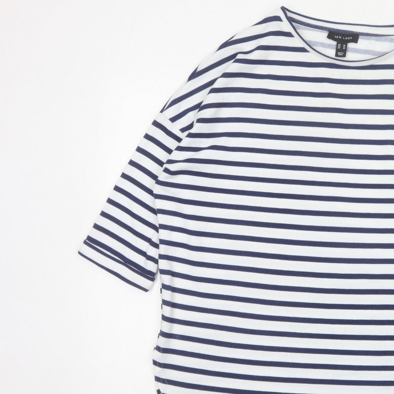 New Look Women White Blue Stripe Relaxed Jersey T-Shirt Size M