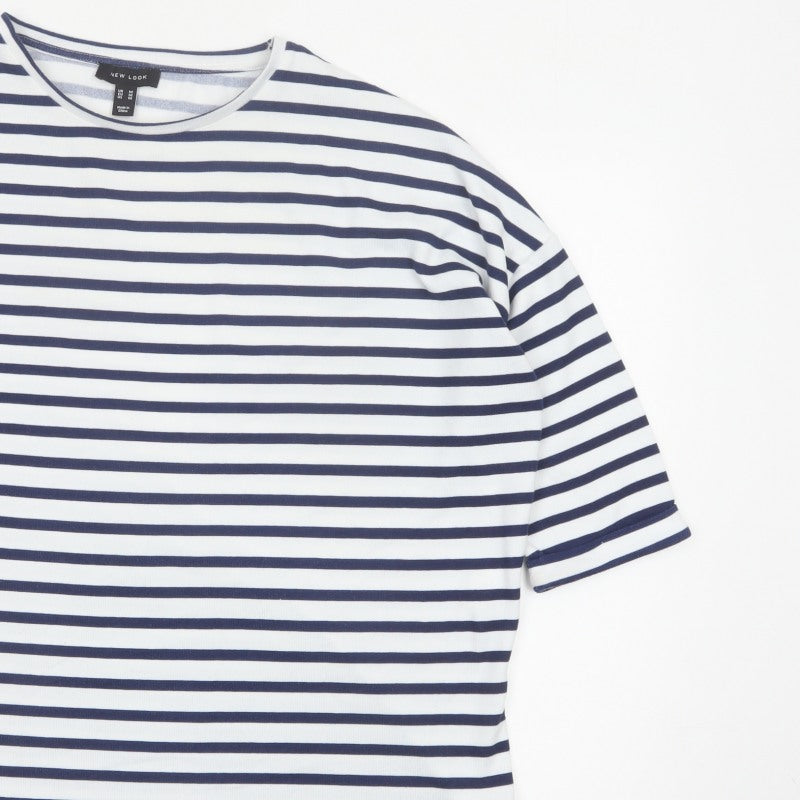 New Look Women White Blue Stripe Relaxed Jersey T-Shirt Size M