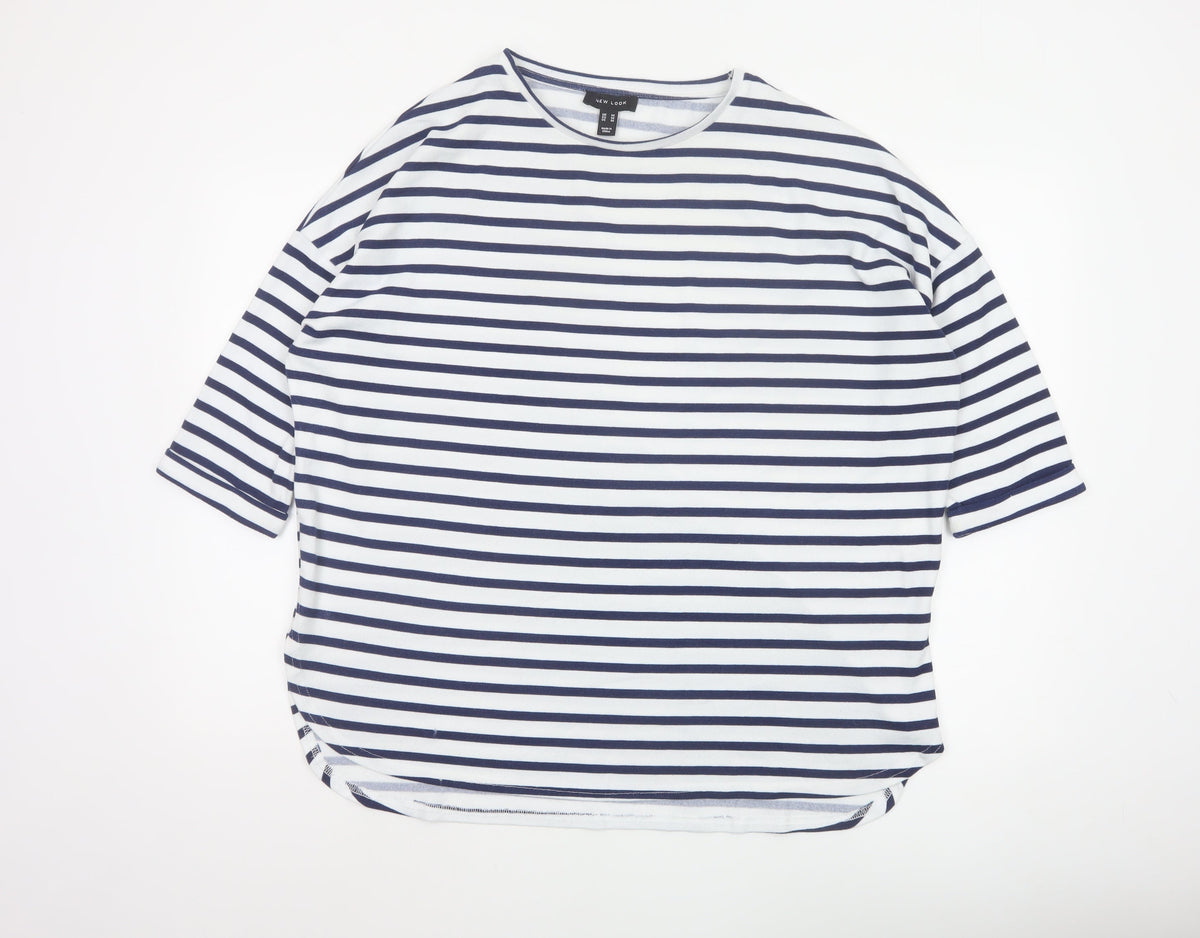 New Look Women White Blue Stripe Relaxed Jersey T-Shirt Size M