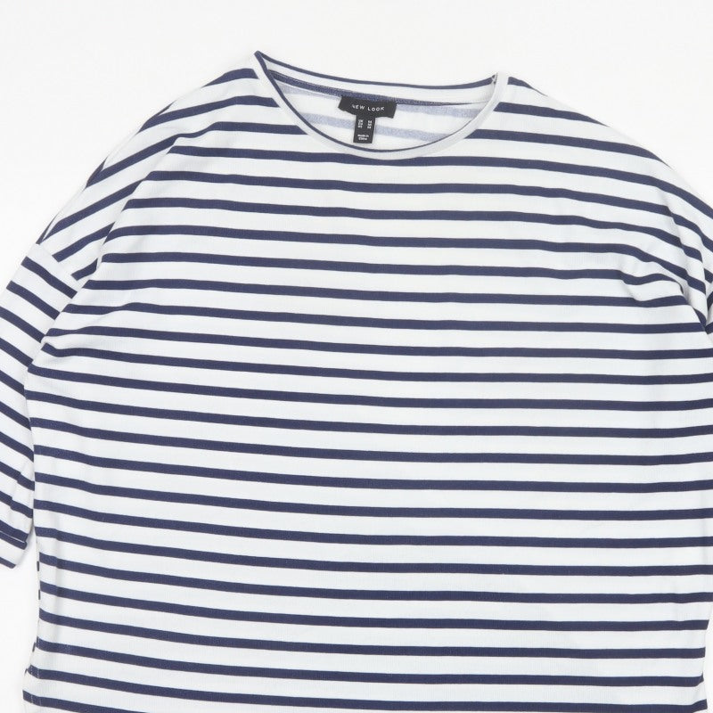 New Look Women White Blue Stripe Relaxed Jersey T-Shirt Size M