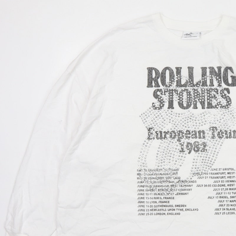 Rolling Stones Women White XL Long Sleeve Cotton Rhinestone Tour T-Shirt