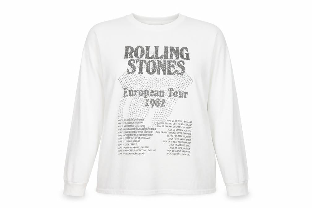 Rolling Stones Women White XL Long Sleeve Cotton Rhinestone Tour T-Shirt