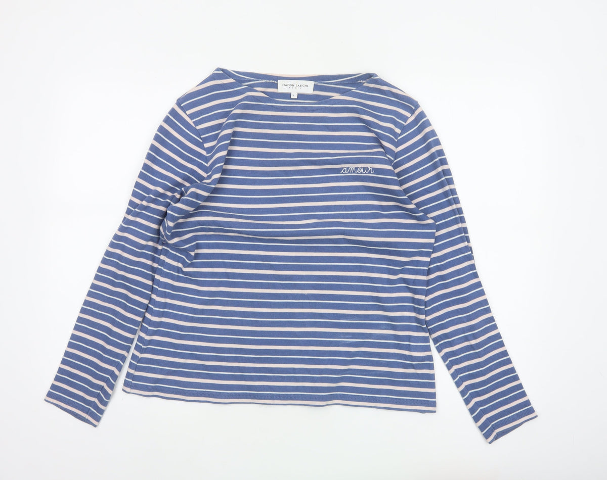 Maison Labiche Women Blue Striped Amour Embroidered Jersey T-Shirt L