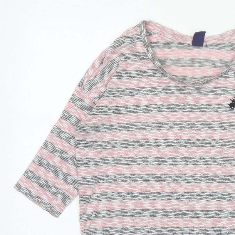 Beverly Hills Polo Club Women Pink Grey L Striped Jersey 3/4 Sleeve Top