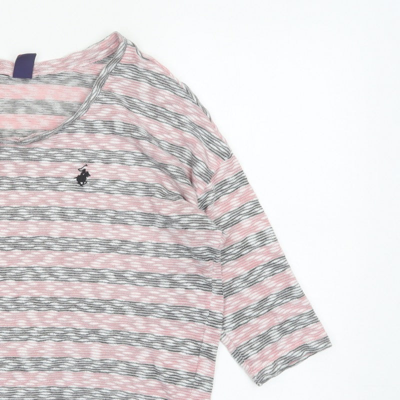 Beverly Hills Polo Club Women Pink Grey L Striped Jersey 3/4 Sleeve Top