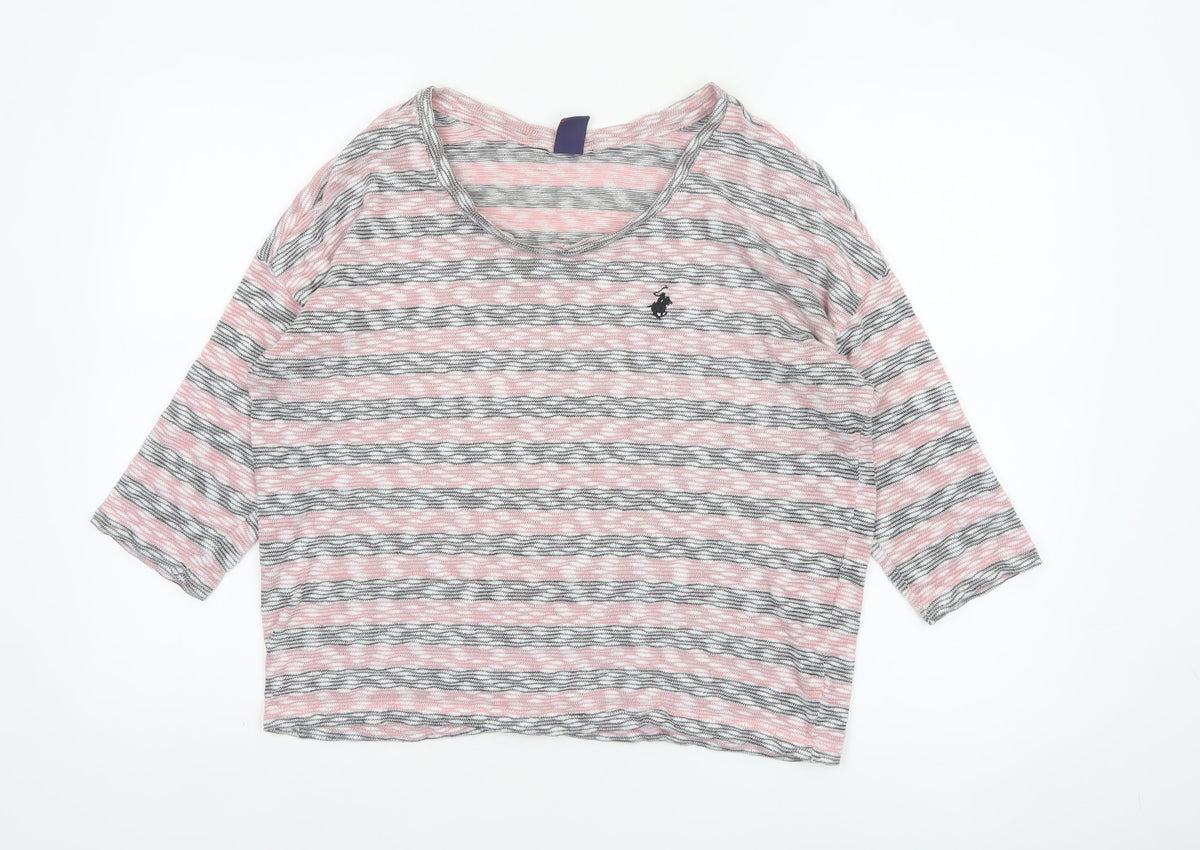 Beverly Hills Polo Club Women Pink Grey L Striped Jersey 3/4 Sleeve Top
