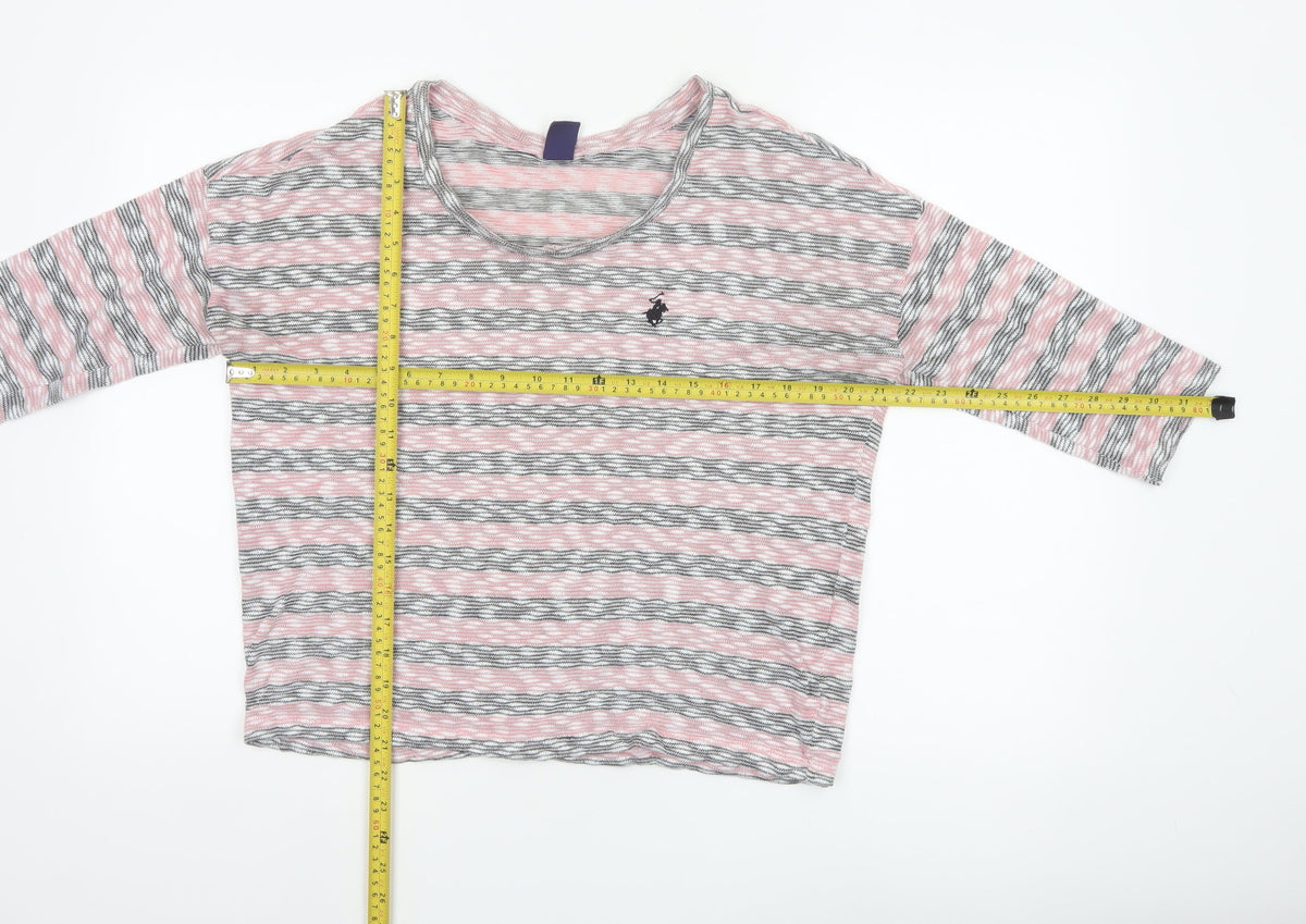 Beverly Hills Polo Club Women Pink Grey L Striped Jersey 3/4 Sleeve Top