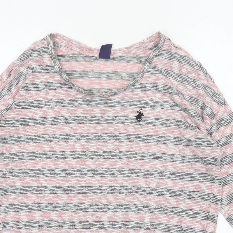 Beverly Hills Polo Club Women Pink Grey L Striped Jersey 3/4 Sleeve Top