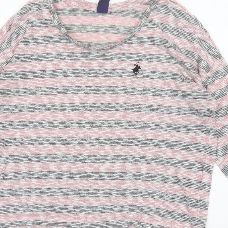 Beverly Hills Polo Club Women Pink Grey L Striped Jersey 3/4 Sleeve Top
