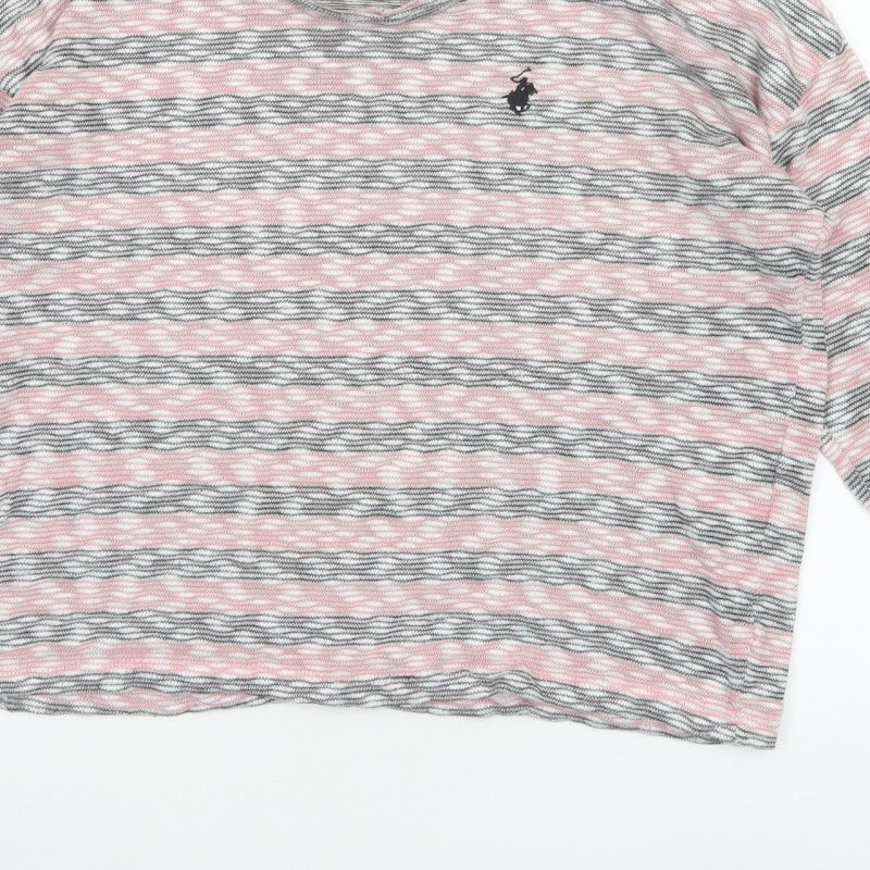 Beverly Hills Polo Club Women Pink Grey L Striped Jersey 3/4 Sleeve Top