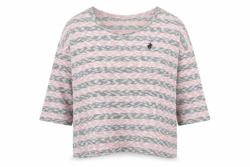 Beverly Hills Polo Club Women Pink Grey L Striped Jersey 3/4 Sleeve Top