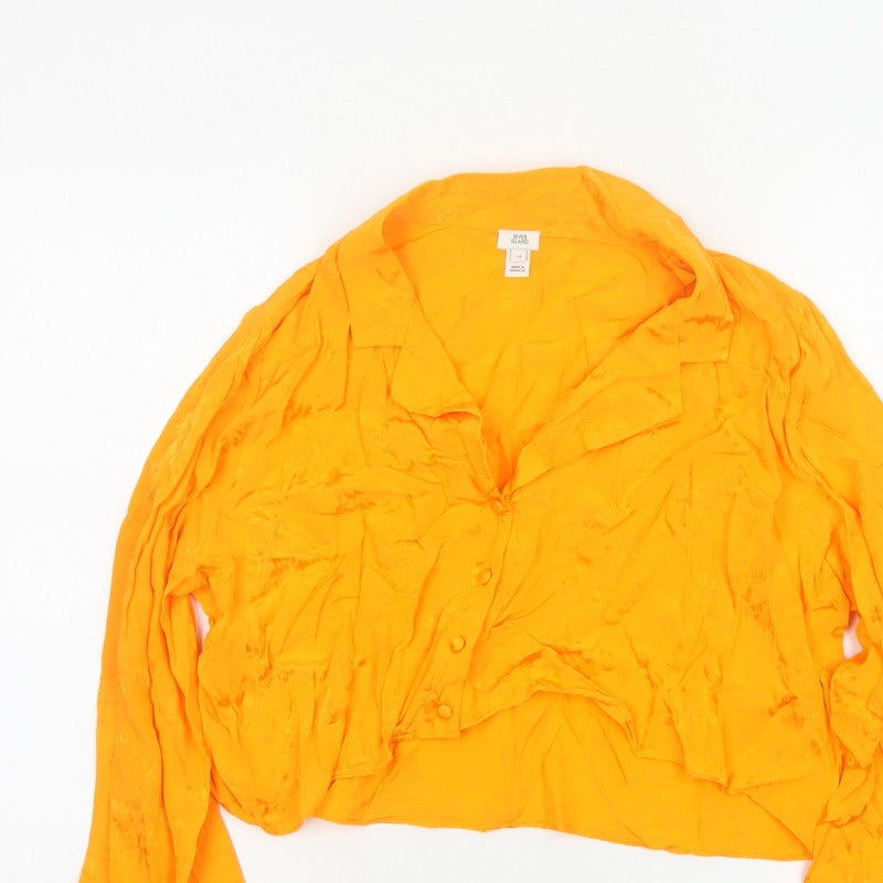 River Island Women Orange UK 14 Ruffle Bell Sleeve Floral Blouse